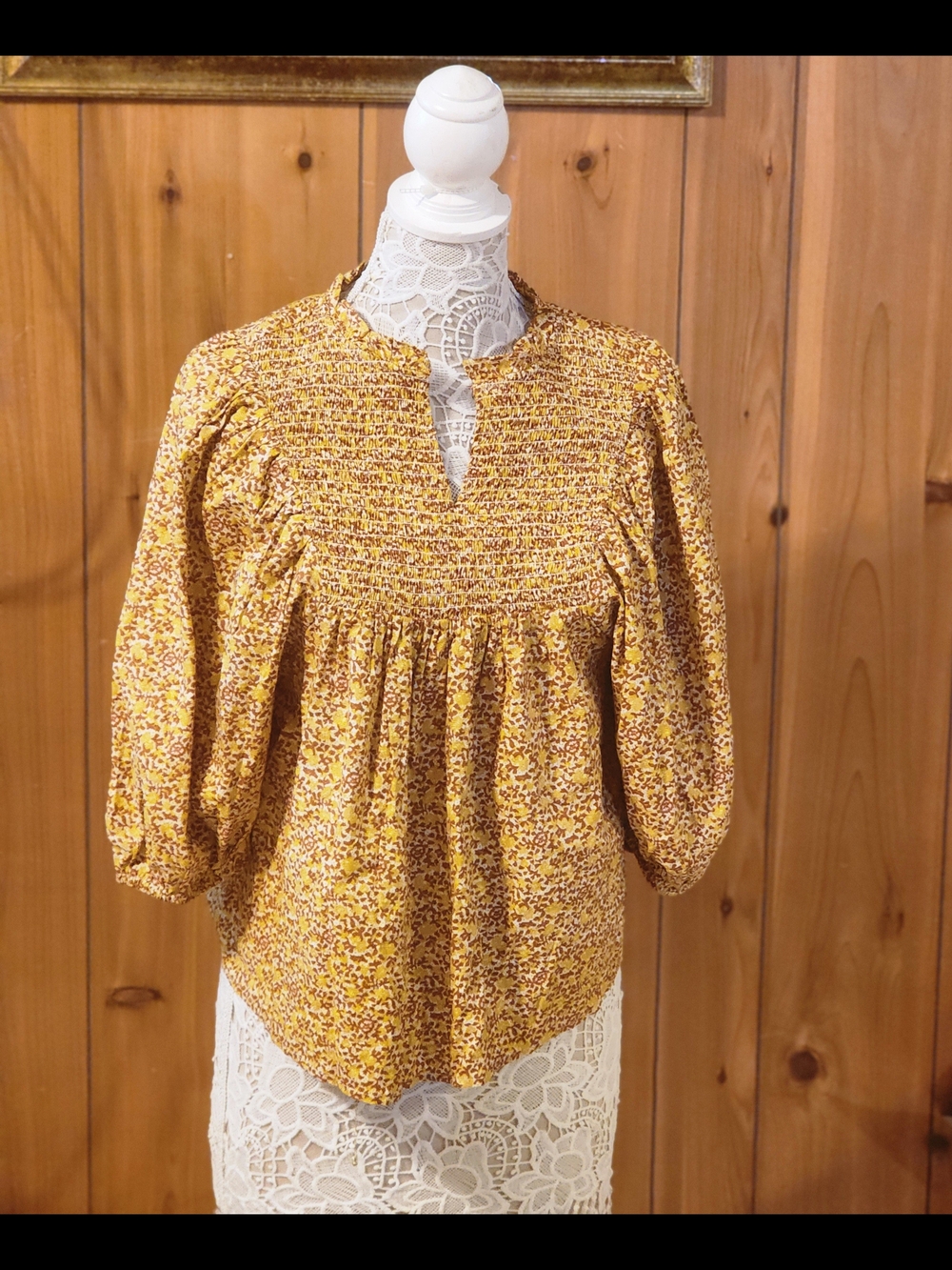 Universal Thread Mustard Yellow Smocked Yoke Floral Blouse